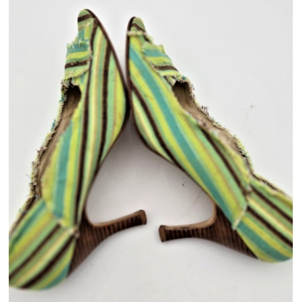Ginger Goff Peep Toe Heels 7 Women's‎ Green Striped Frayed Wooden 3" Heels Boho - Picture 6 of 11